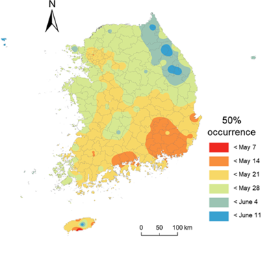 평년 기후 기반 등검은말벌 봄철 여왕벌 50% 발생 예측일 분포