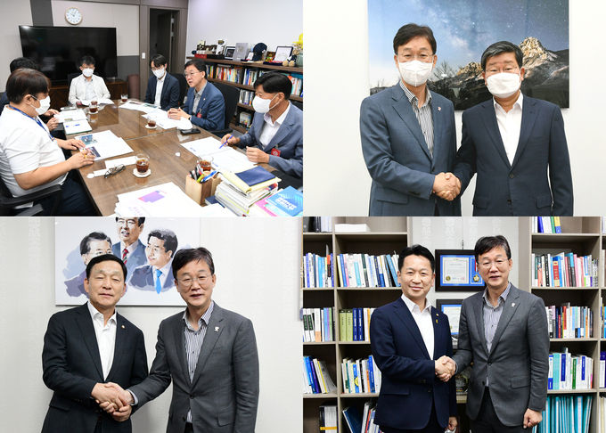 (왼쪽부터 시계방향으로 김남국 국회의원, 전해철 국회의원, 고영인 국회의원, 김철민 국회의원 간담회 모습)