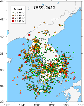 지진 발생 분포도(1978~2022년)