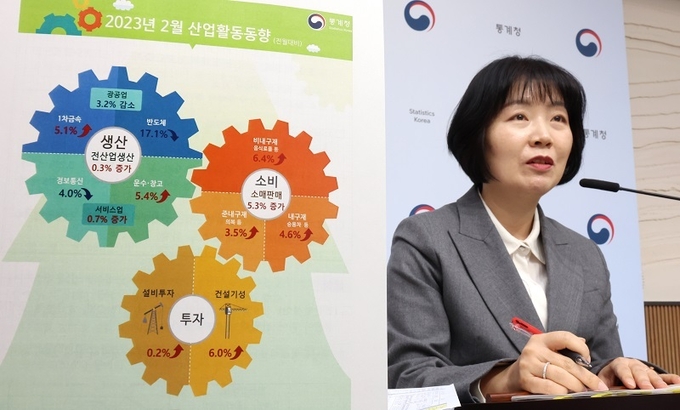 김보경 통계청 경제동향통계심의관이 31일 오전 세종시 정부세종청사에서 2023년 2월 산업활동동향을 발표하고 있다.