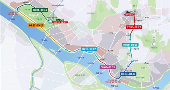 광화문광장(출발)→세종대로→한강로→강변북로→가양대교→구룡사거리→월드컵공원 평화광장(도착)