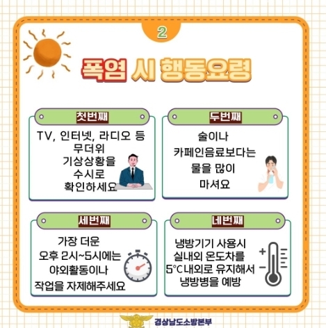 경남소방본부, 푹푹 찌는 한낮 더위, 12~15시 야외활동 자제
