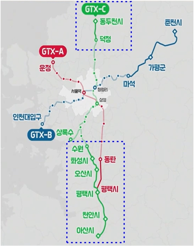 GTX A.C노선 연장 노선도(국토교통부 발표자료 일부 편집)