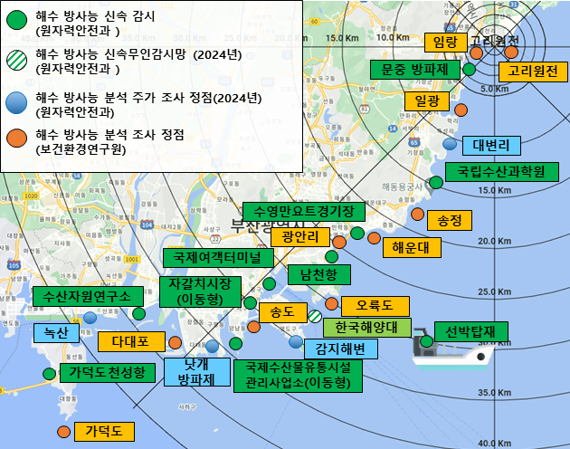부산시 해수 방사능 감시·분석 : 11개정점‘23년1월 ⇒ 20개정점‘23년12월 ⇒ 추가5개정점’24년 전국 해수 방사능 분석 비교 조사정점 : 5개정점’24년