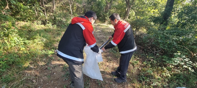 부여국유림관리소장(오른쪽)이 산지정화를 벌이고 있다