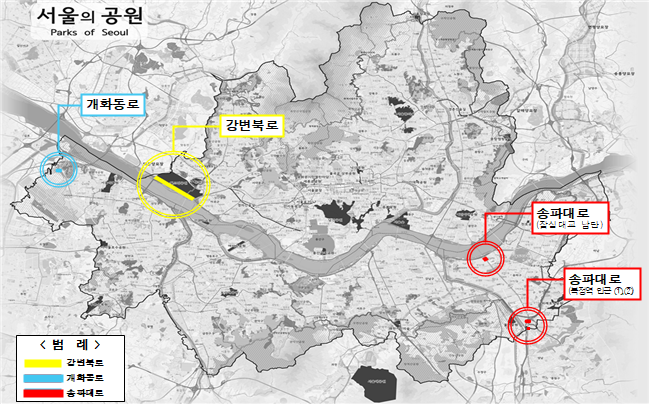 사업 위치도(강변북로, 개화동로, 송파대로)
