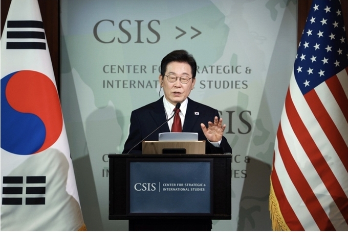 이재명 대통령이 25일(현지시간) 미국 워싱턴DC 국제전략문제연구소(CSIS)에서 정책 연설을 하고 있다. 2025.8.26(사진=연합뉴스)